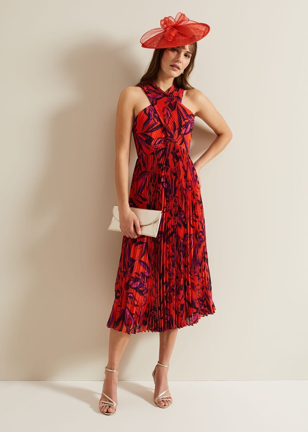 Sorella Pleated Midi Dress Vermillion/multi