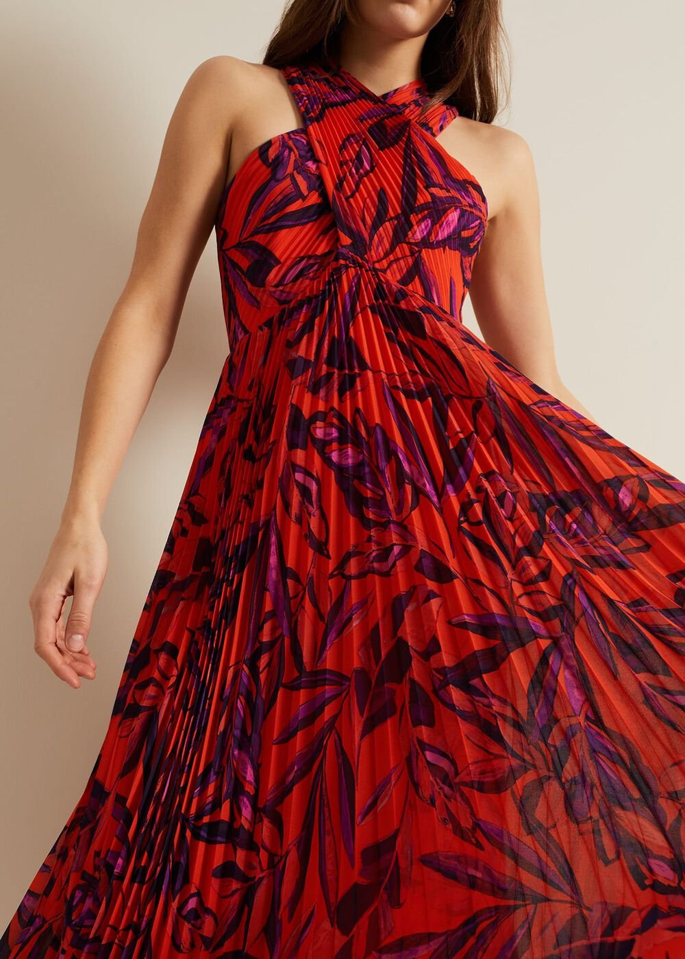 Sorella Pleated Midi Dress Vermillion/multi