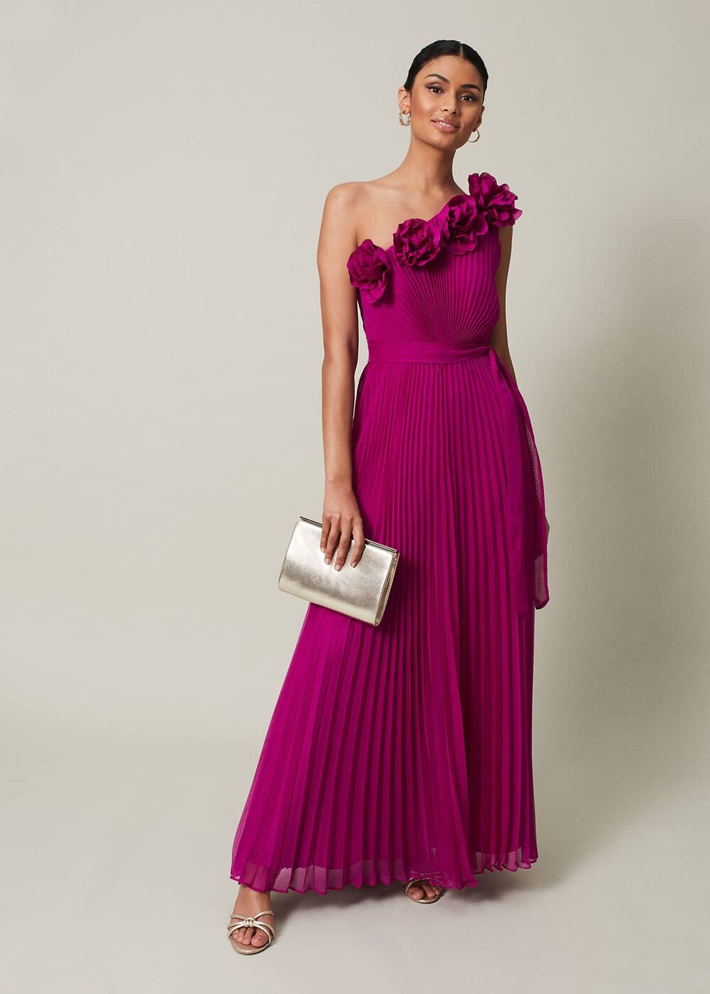 Minnie One Shoulder Pleated Maxi Dress Magenta