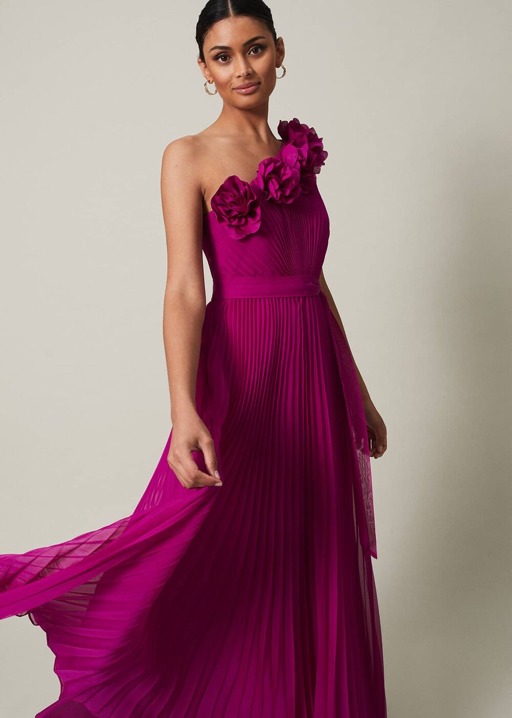 Minnie One Shoulder Pleated Maxi Dress Magenta