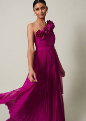 Minnie One Shoulder Pleated Maxi Dress Magenta