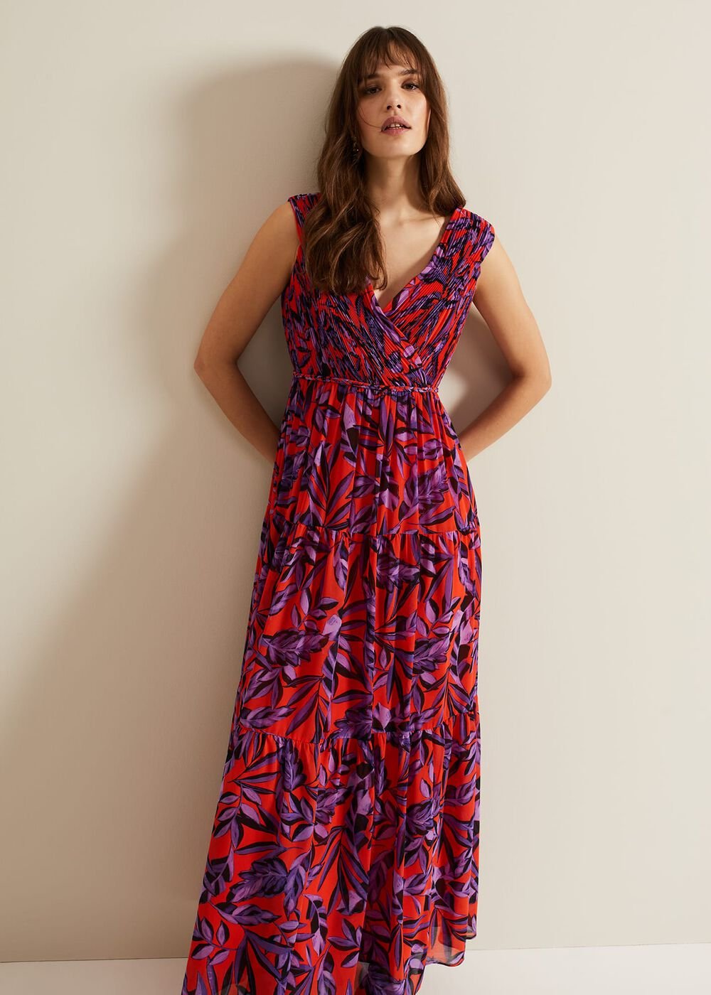 Athena Leaf Print Pleated Maxi Dress Vermillion/multi