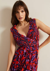 Athena Leaf Print Pleated Maxi Dress Vermillion/multi