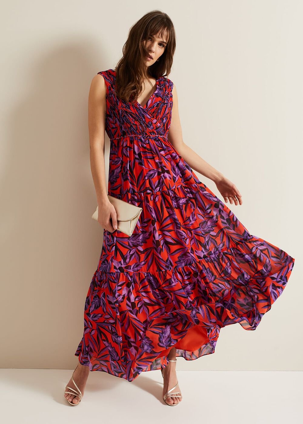 Athena Leaf Print Pleated Maxi Dress Vermillion/multi