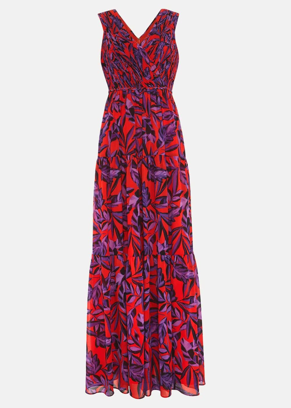 Athena Leaf Print Pleated Maxi Dress Vermillion/multi