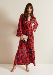 Briella Jersey Leaf Print Maxi Dress Vermillion/multi