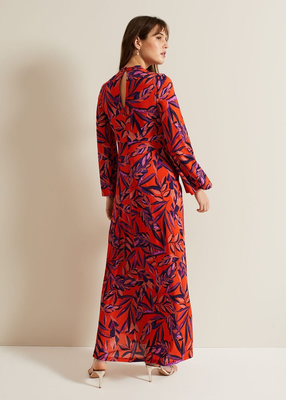Briella Jersey Leaf Print Maxi Dress Vermillion/multi