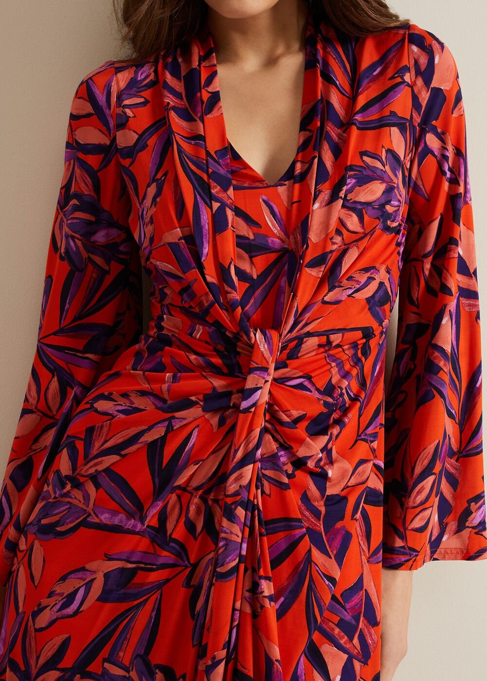 Briella Jersey Leaf Print Maxi Dress Vermillion/multi
