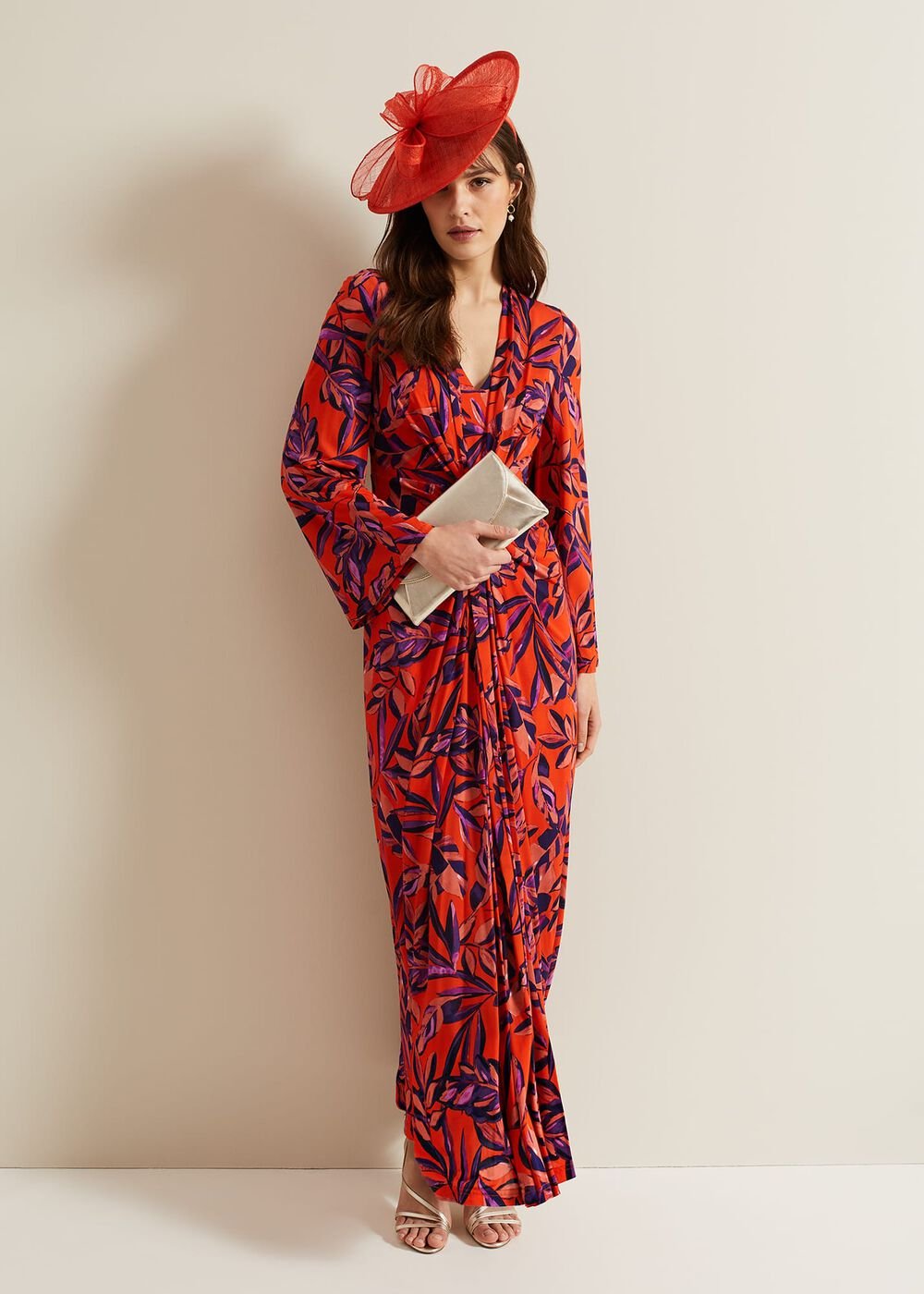 Briella Jersey Leaf Print Maxi Dress Vermillion/multi
