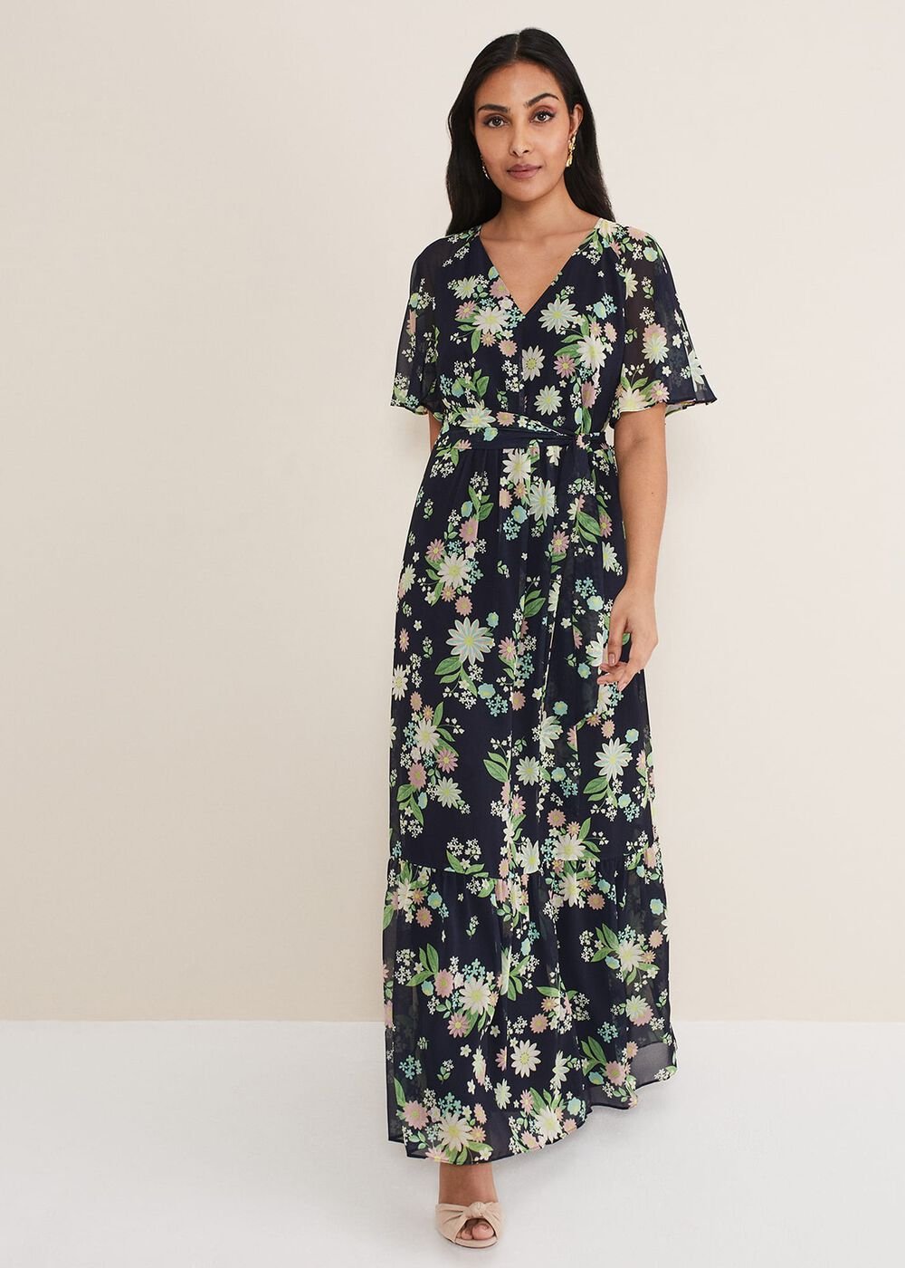 Petite Georgie Floral Tiered Maxi Dress Navy/Multi
