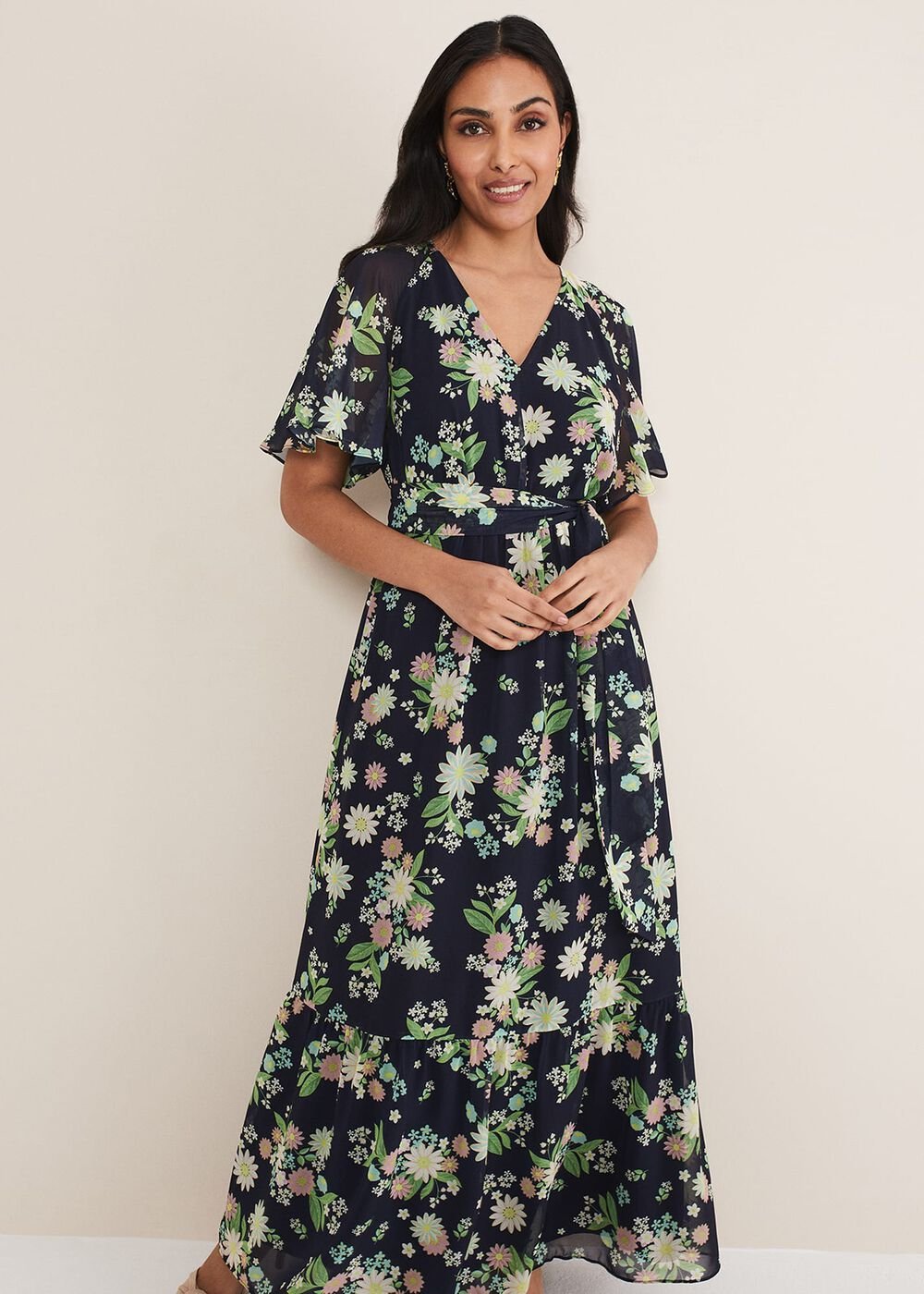Petite Georgie Floral Tiered Maxi Dress Navy/Multi