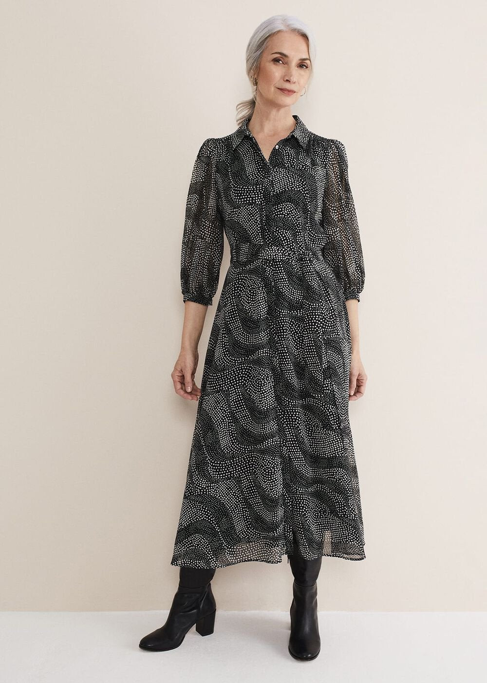 Miriam Chiffon Shirt Midi Dress Black/Ivory