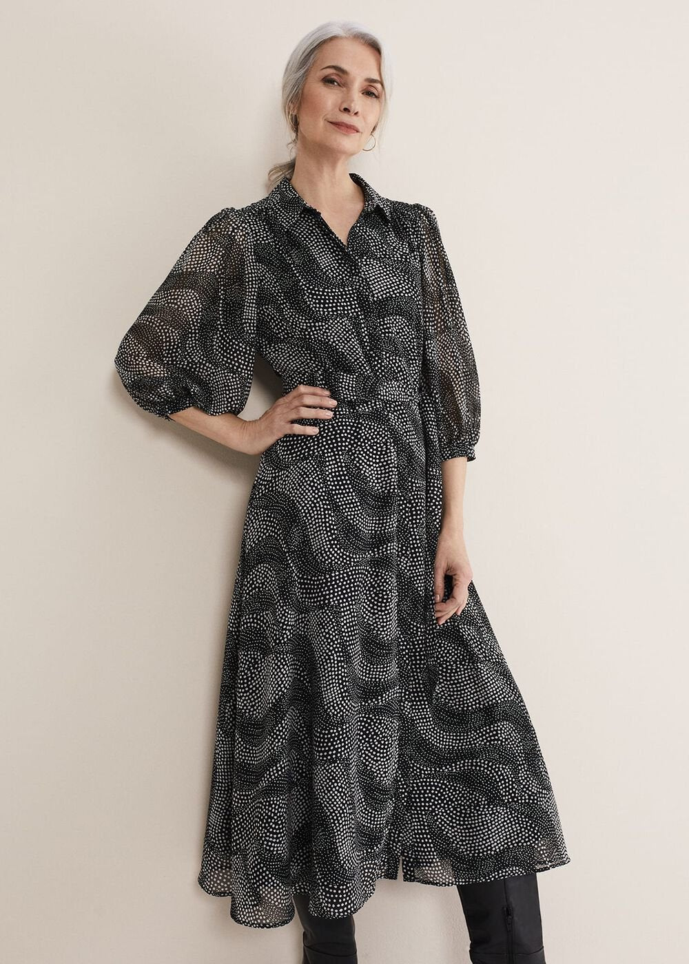 Miriam Chiffon Shirt Midi Dress Black/Ivory