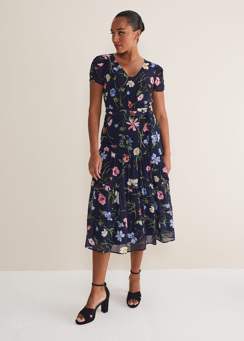 Lola Floral Tiered Midi Dress Navy/Multi