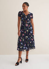 Lola Floral Tiered Midi Dress Navy/Multi