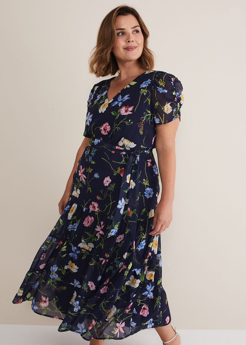 Lola Floral Tiered Midi Dress Navy/Multi