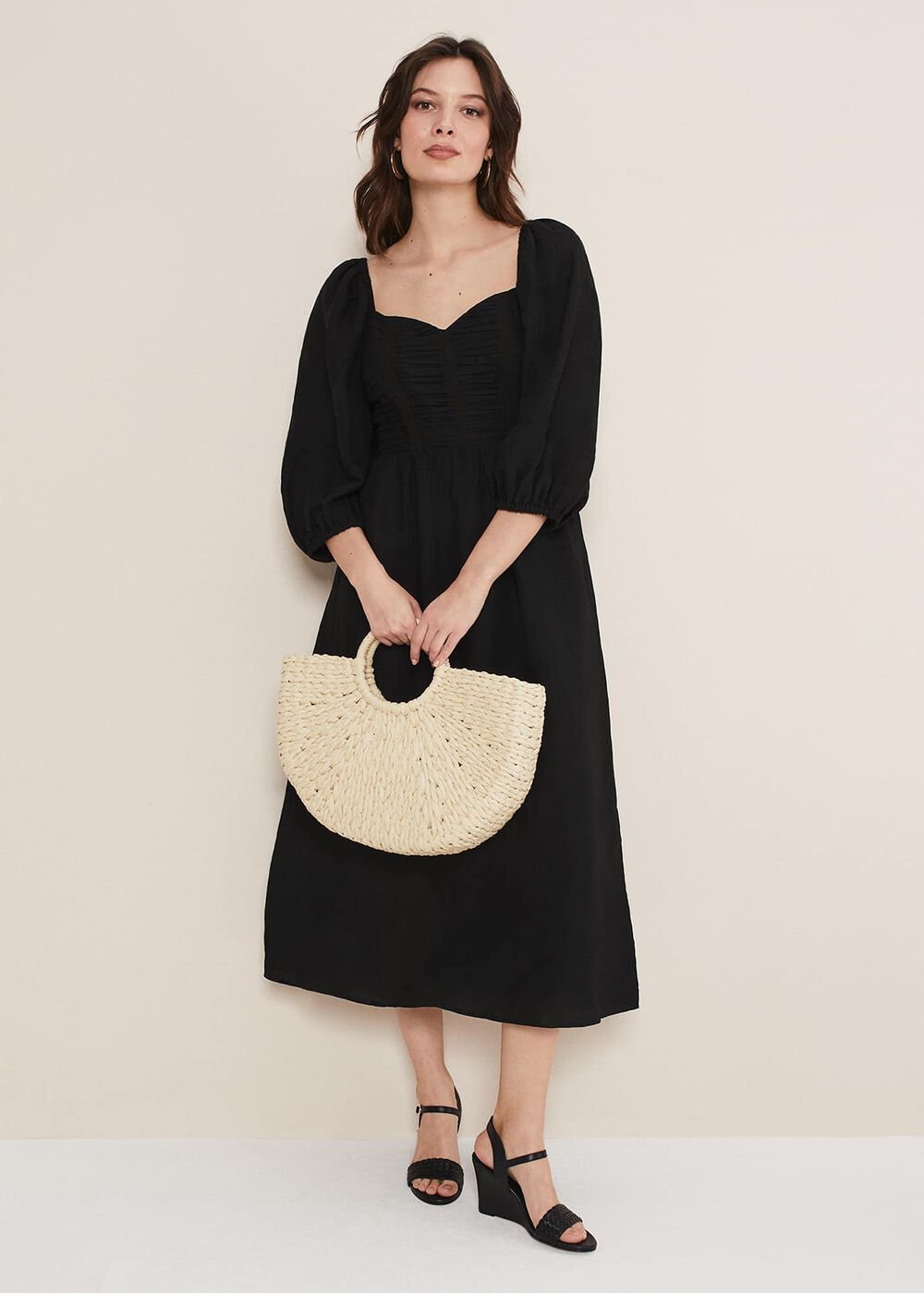 Shola Linen Ruched Bodice Dress Black