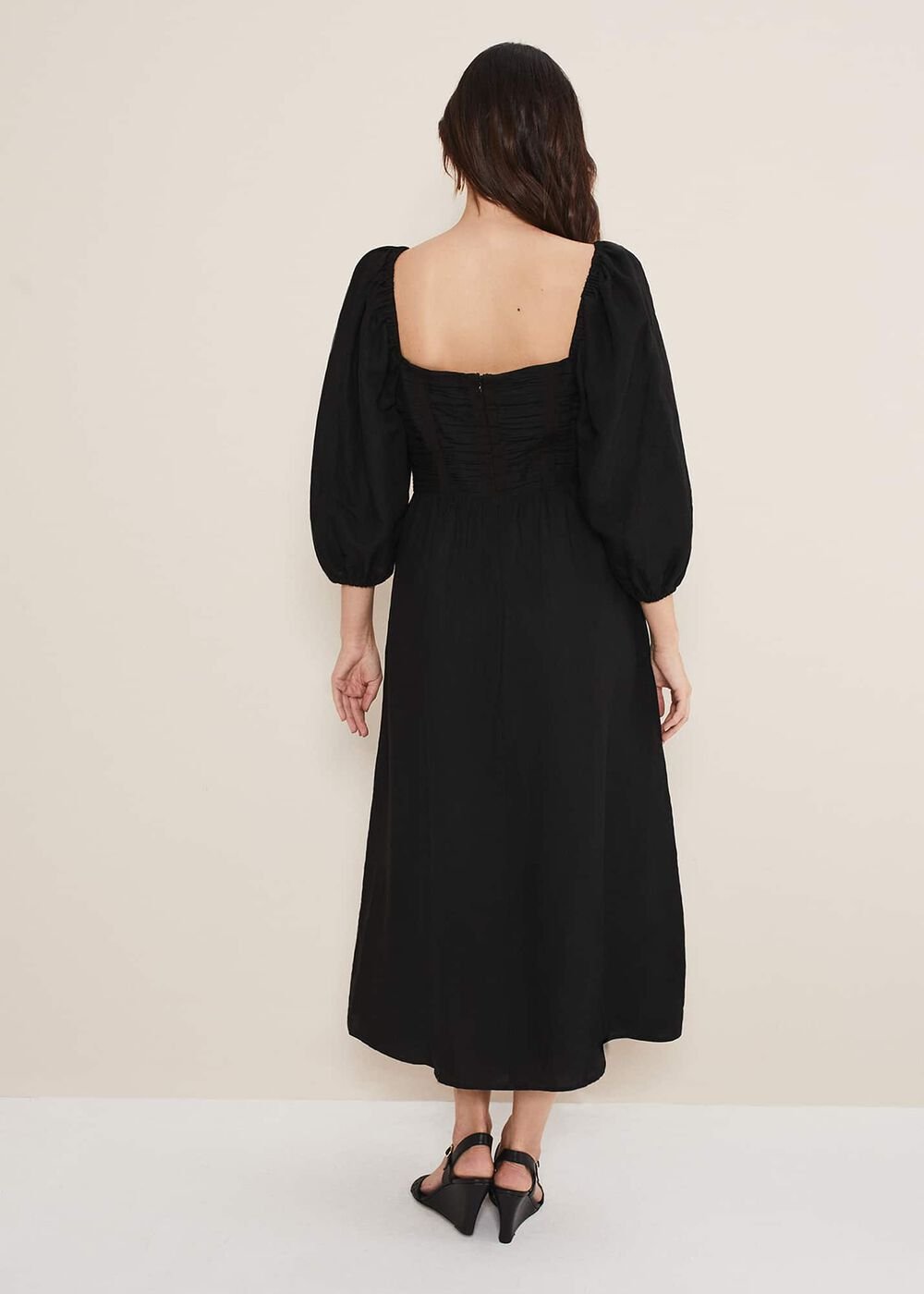 Shola Linen Ruched Bodice Dress Black