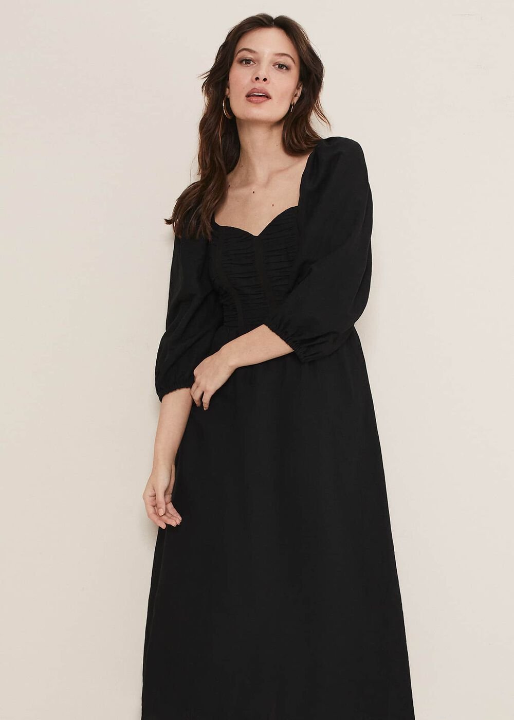 Shola Linen Ruched Bodice Dress Black