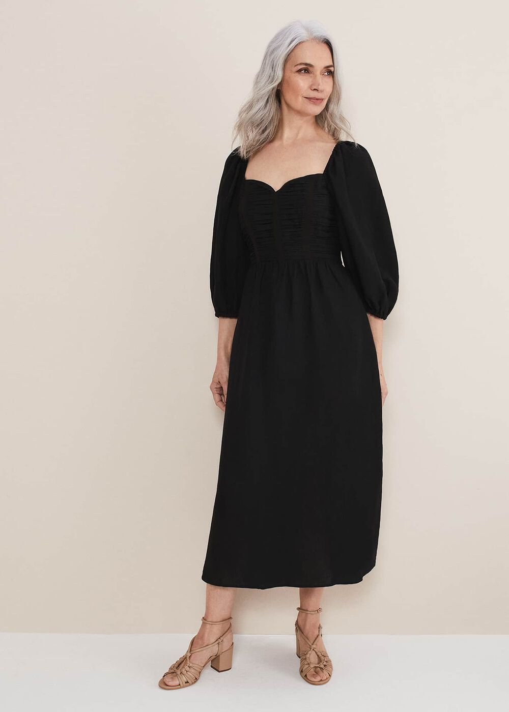 Shola Linen Ruched Bodice Dress Black