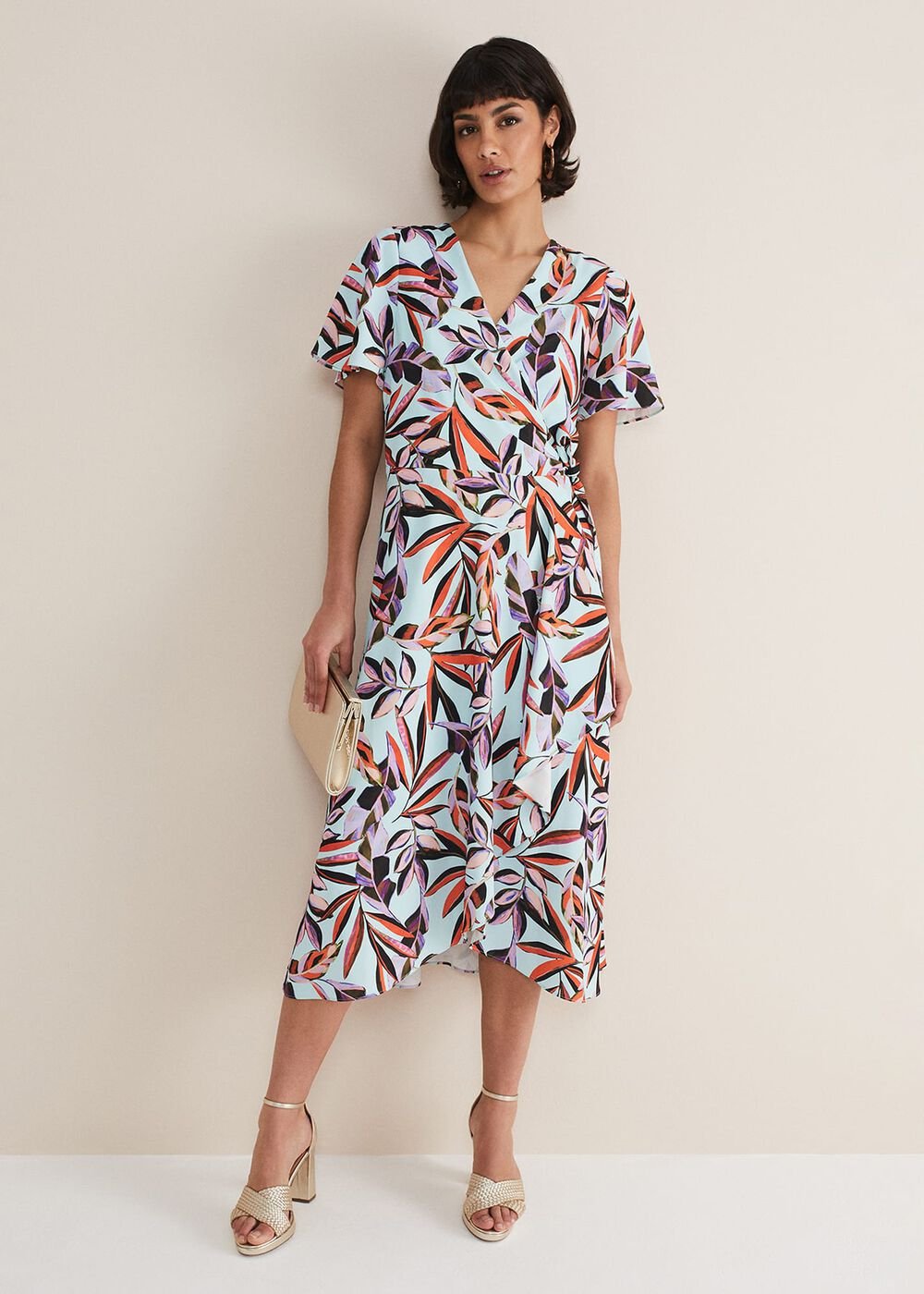 Julissa Ruffle Wrap Midi Dress Aqua/Multi
