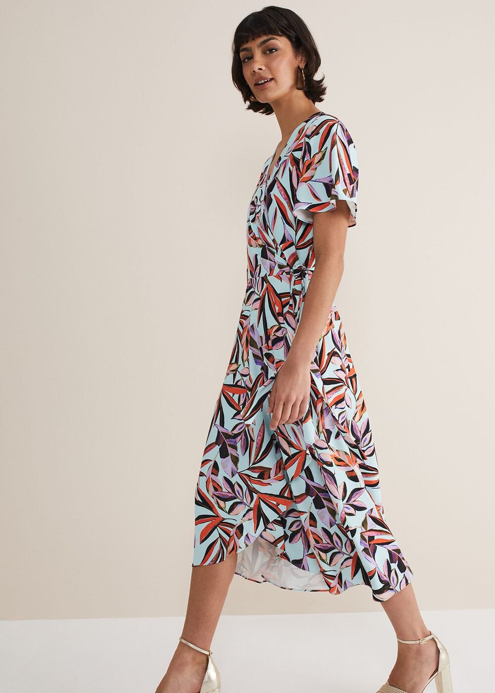 Julissa Ruffle Wrap Midi Dress Aqua/Multi