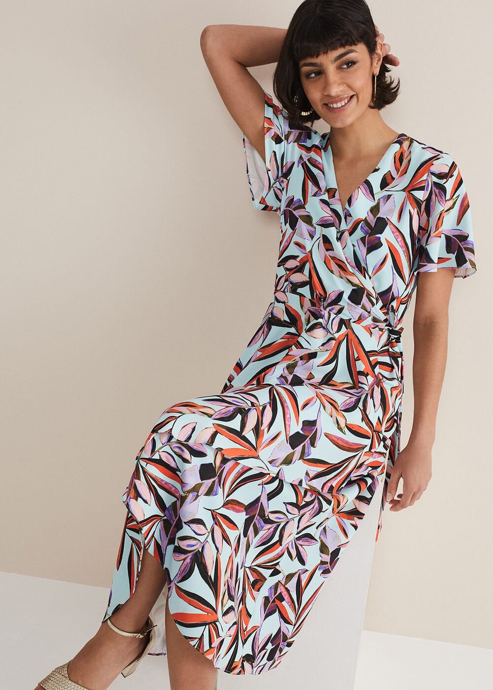 Julissa Ruffle Wrap Midi Dress Aqua/Multi