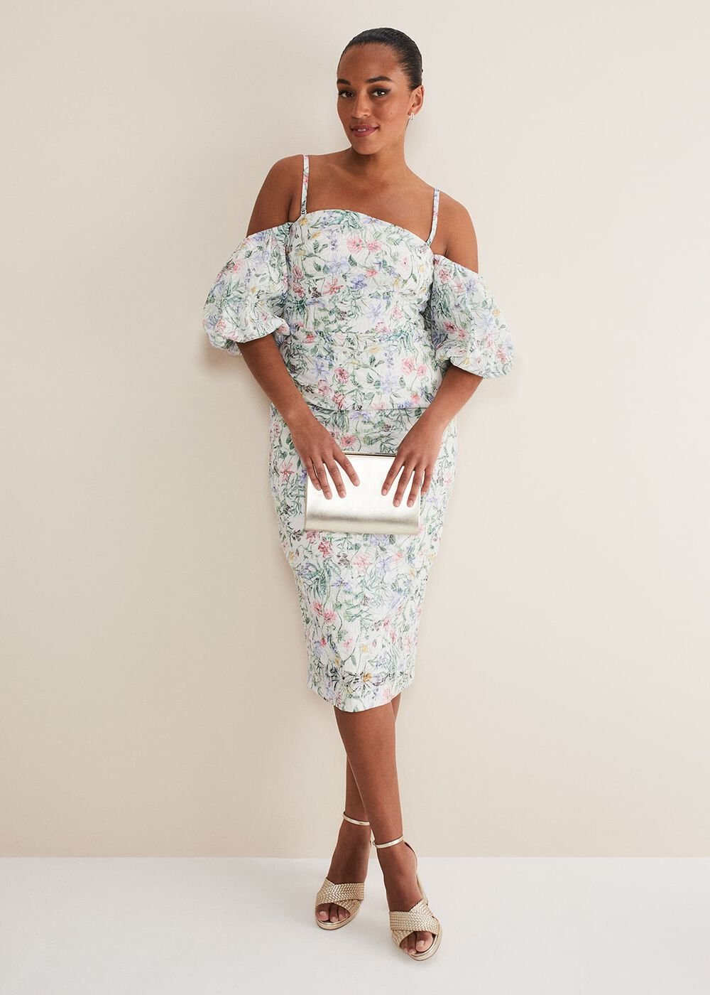 Stevie Floral Bodycon Midi Dress Ivory/Multi