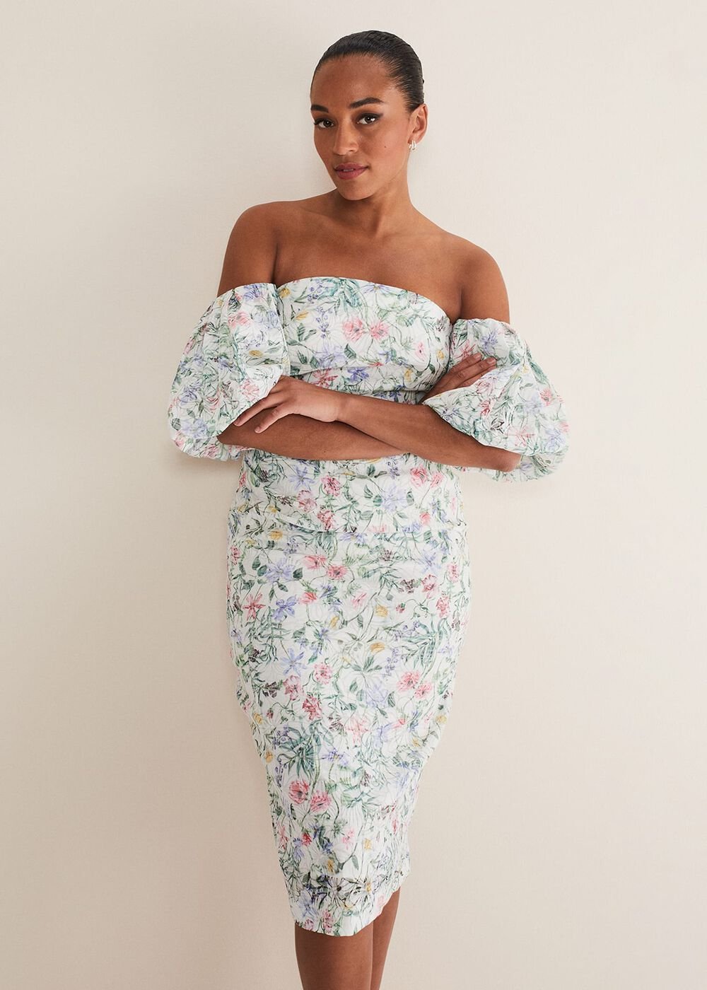 Stevie Floral Bodycon Midi Dress Ivory/Multi