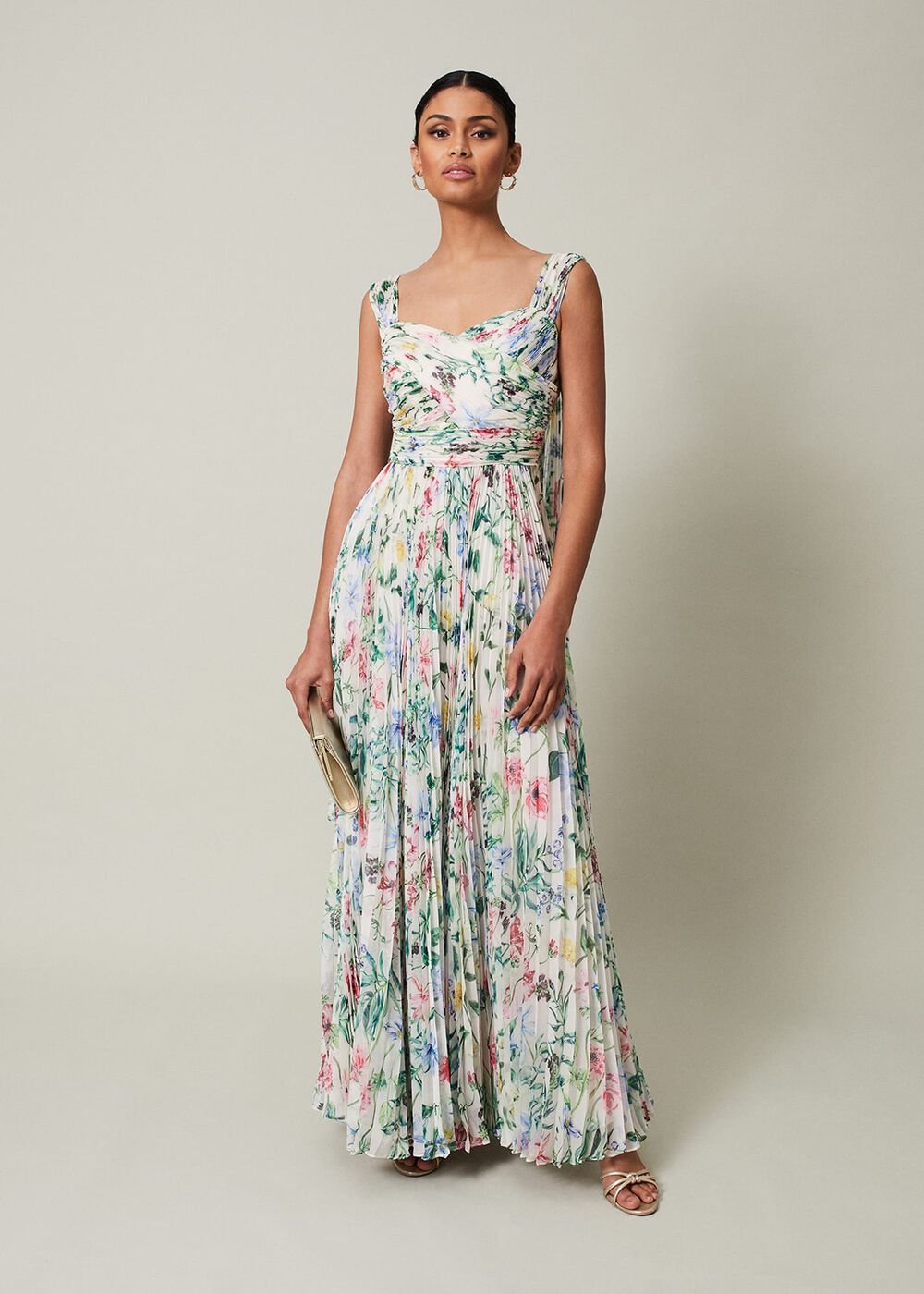Gretel Floral Pleated Maxi Dress Ivory/Multi