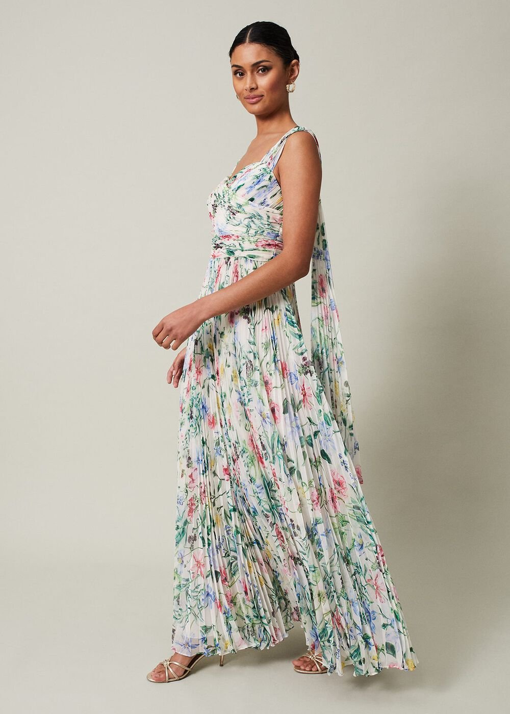 Gretel Floral Pleated Maxi Dress Ivory/Multi