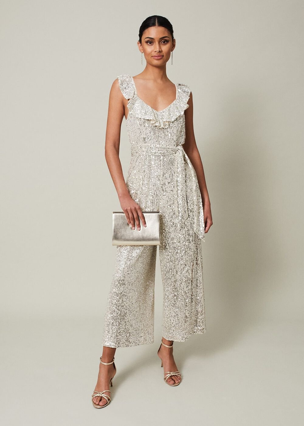 Tazanna Sequin Wide Leg Jumpsuit Silver