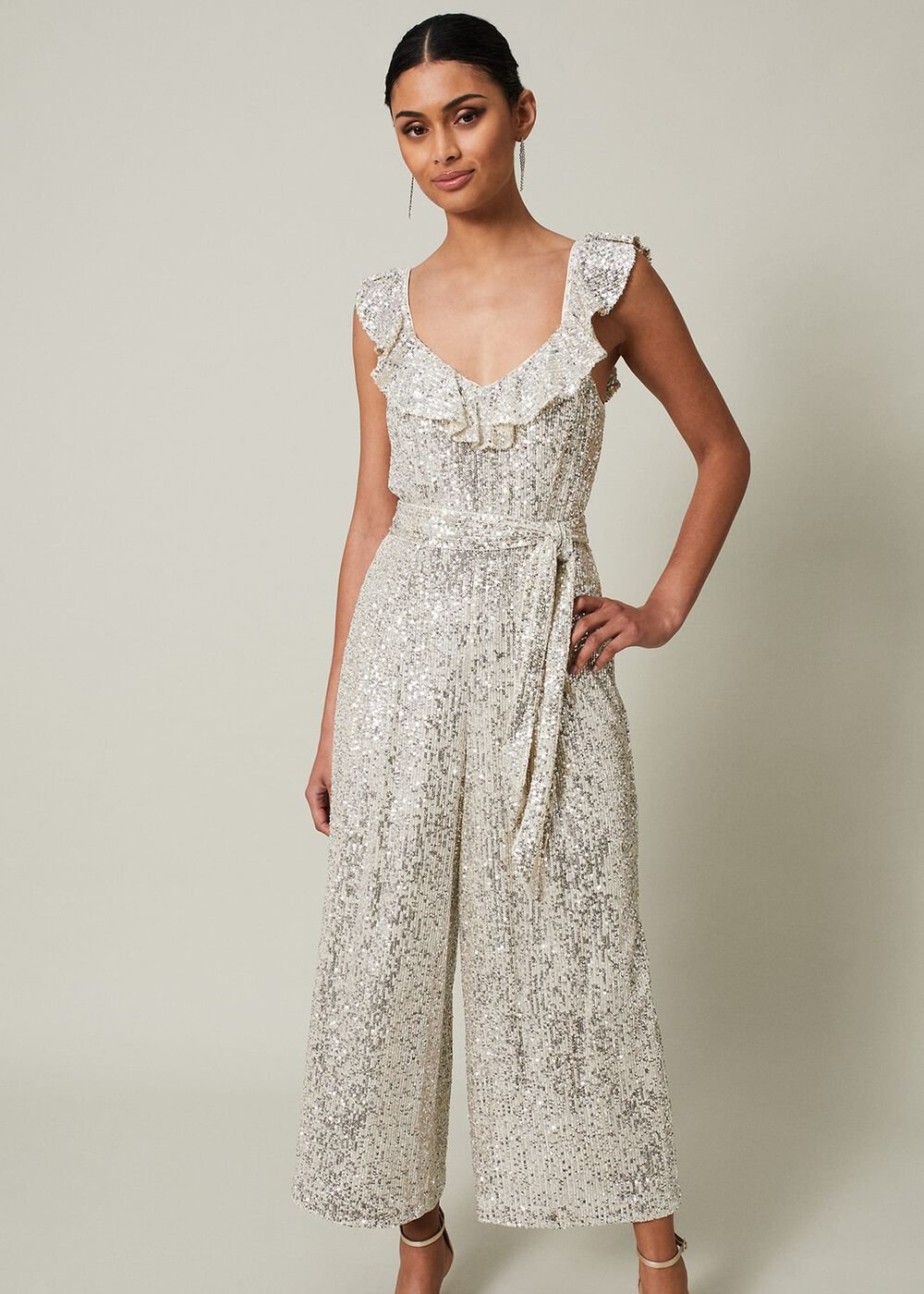 Tazanna Sequin Wide Leg Jumpsuit Silver