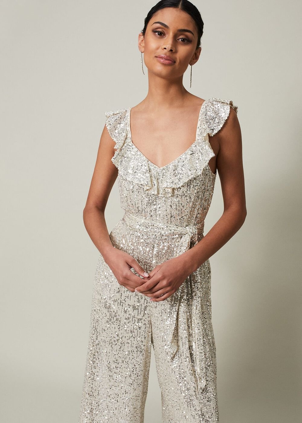 Tazanna Sequin Wide Leg Jumpsuit Silver