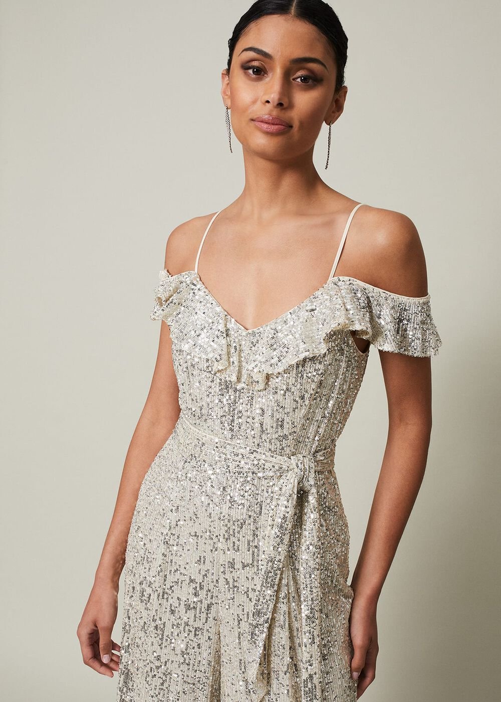 Tazanna Sequin Wide Leg Jumpsuit Silver
