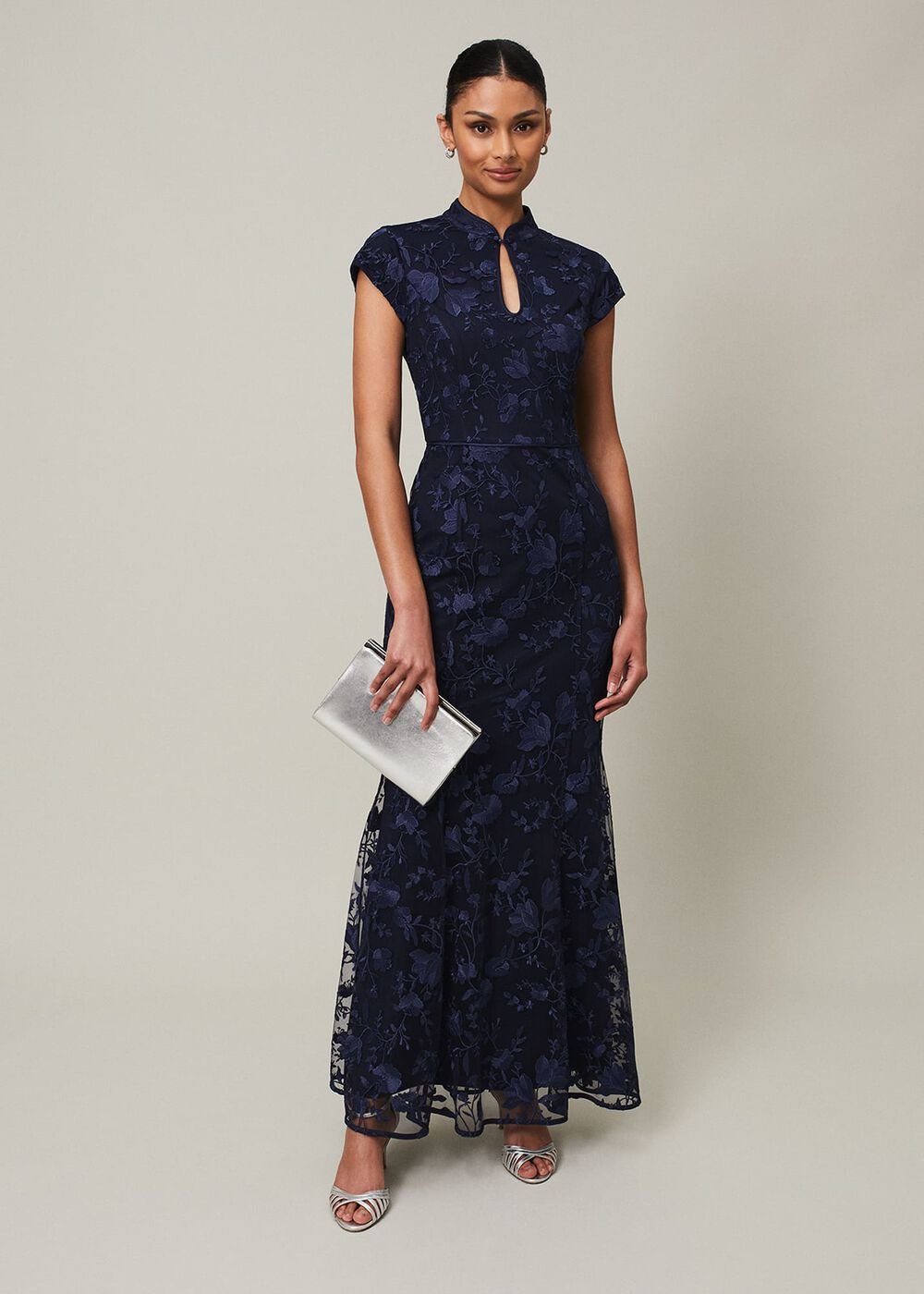 Navy Bodycon Maxi Dress with Embroidered Floral Pattern Navy
