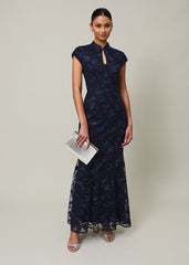 Navy Bodycon Maxi Dress with Embroidered Floral Pattern Navy