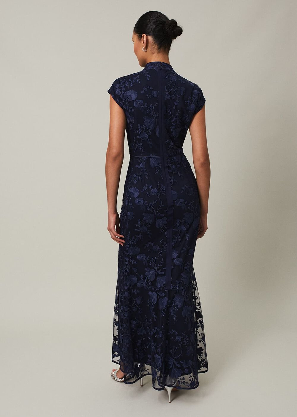 Navy Bodycon Maxi Dress with Embroidered Floral Pattern Navy