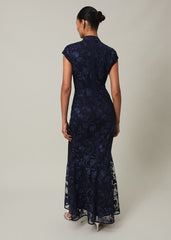 Navy Bodycon Maxi Dress with Embroidered Floral Pattern Navy