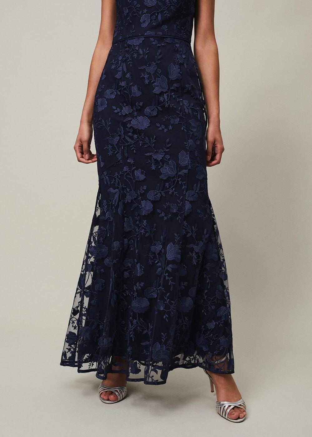 Navy Bodycon Maxi Dress with Embroidered Floral Pattern Navy