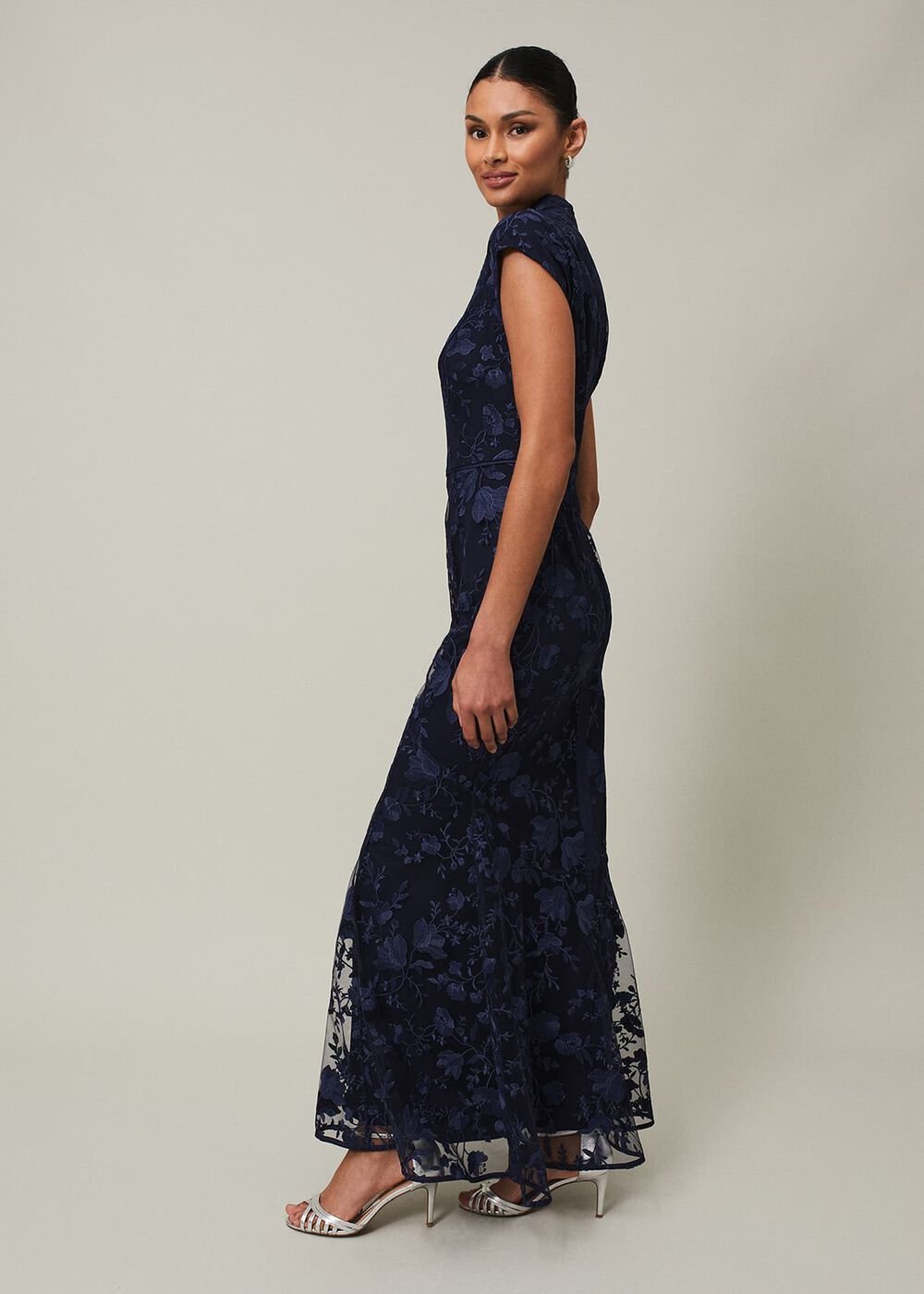 Navy Bodycon Maxi Dress with Embroidered Floral Pattern Navy