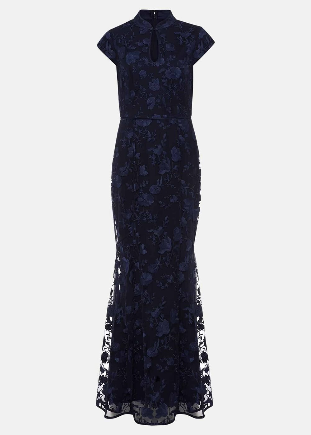 Navy Bodycon Maxi Dress with Embroidered Floral Pattern Navy