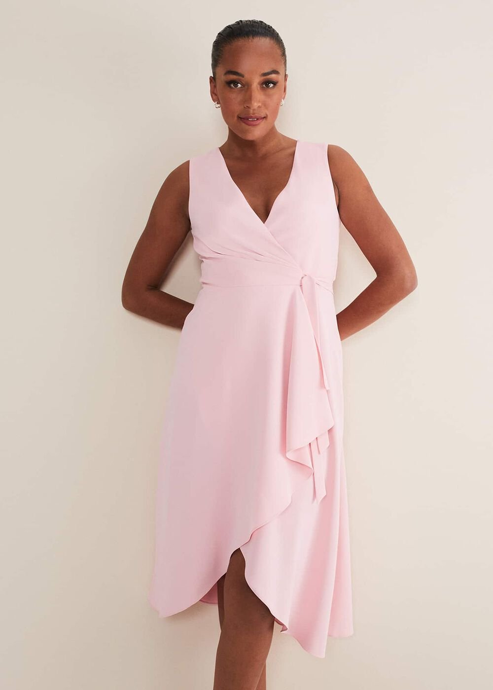 Julissa Sleeveless Ruffle Wrap Midi Dress Soft Pink