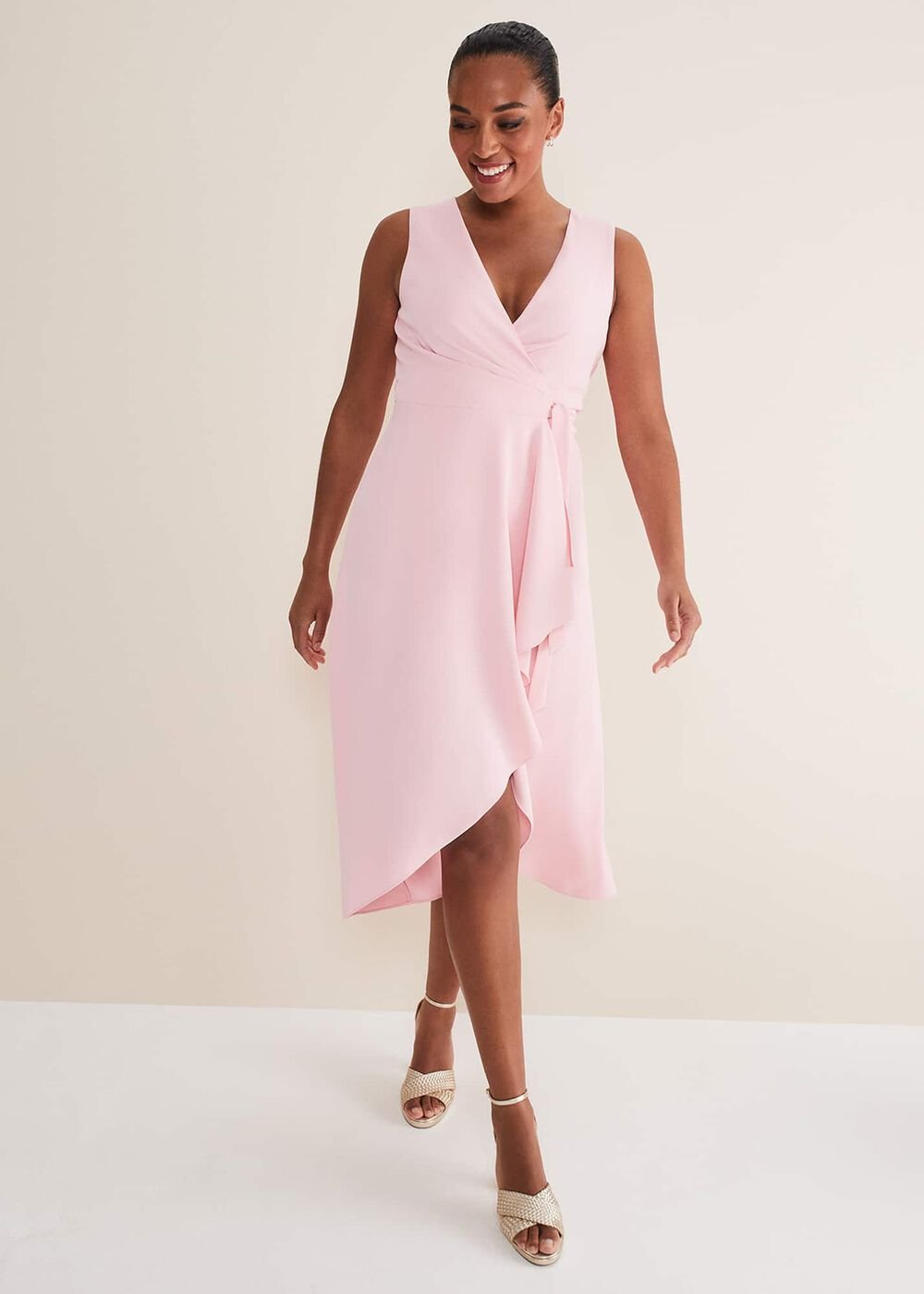 Julissa Sleeveless Ruffle Wrap Midi Dress Soft Pink