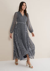 Roxanna Pleated Diamond Maxi Dress Navy/Ivory