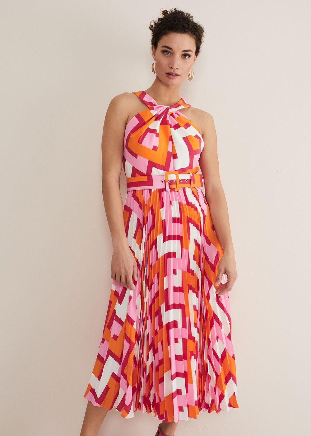Yas Abstract Halterneck Midi Dress Pink/Orange