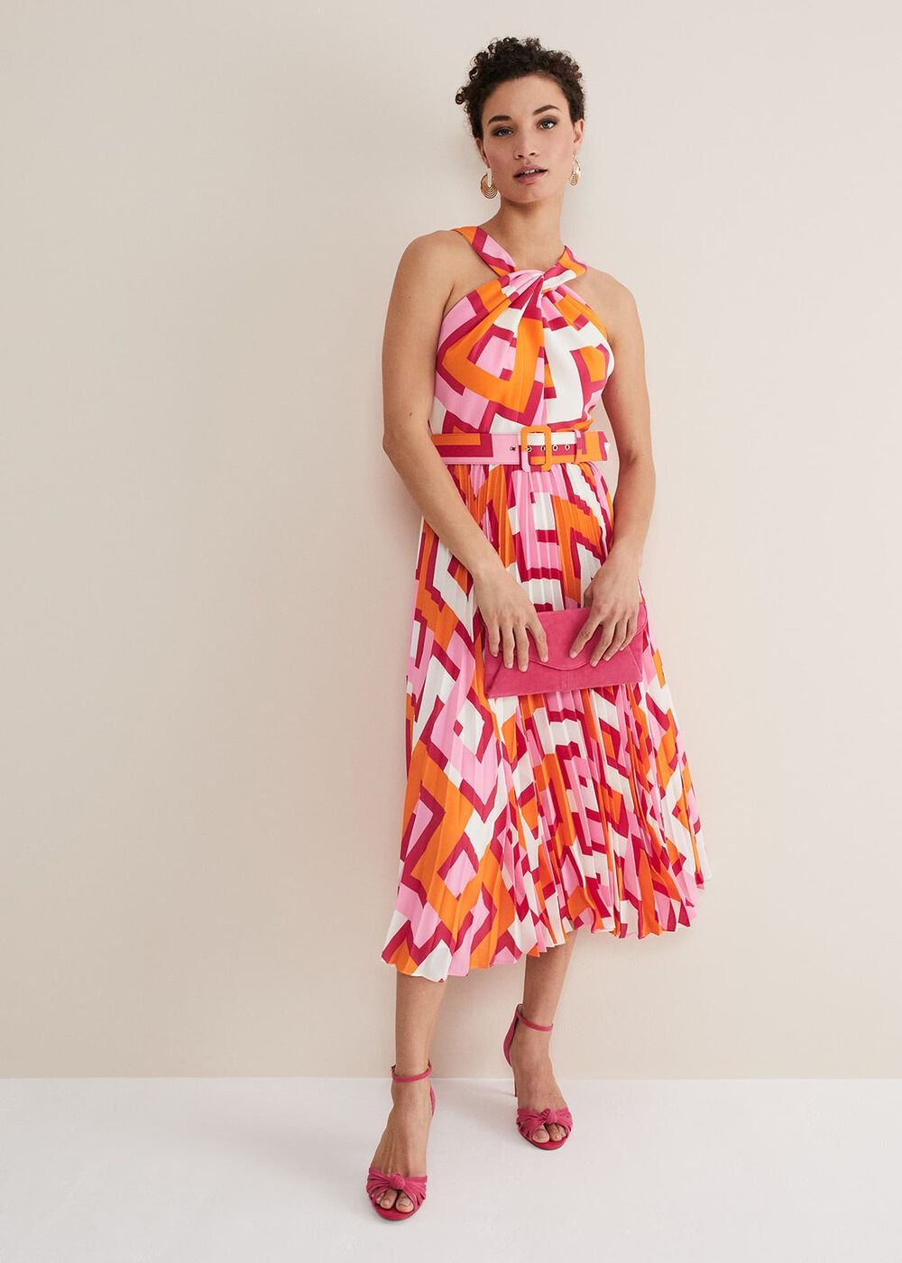 Yas Abstract Halterneck Midi Dress Pink/Orange