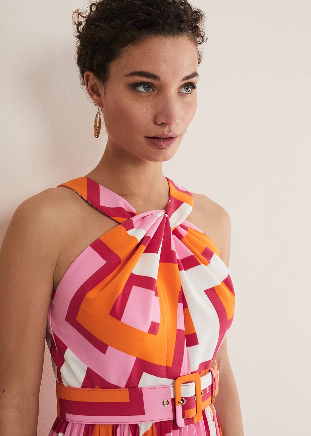 Yas Abstract Halterneck Midi Dress Pink/Orange