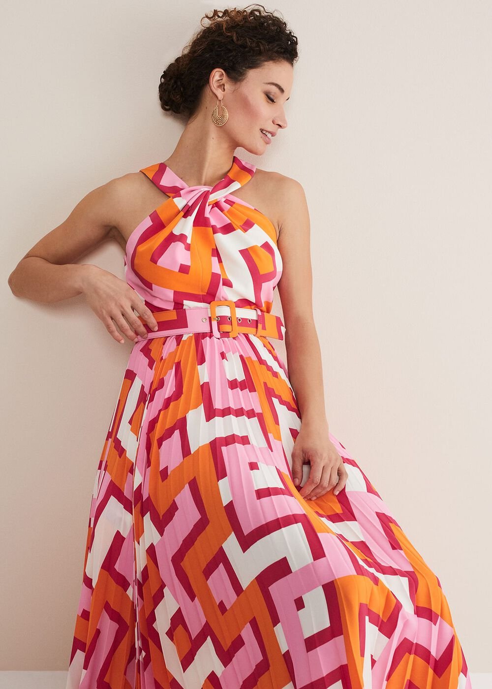 Yas Abstract Halterneck Midi Dress Pink/Orange