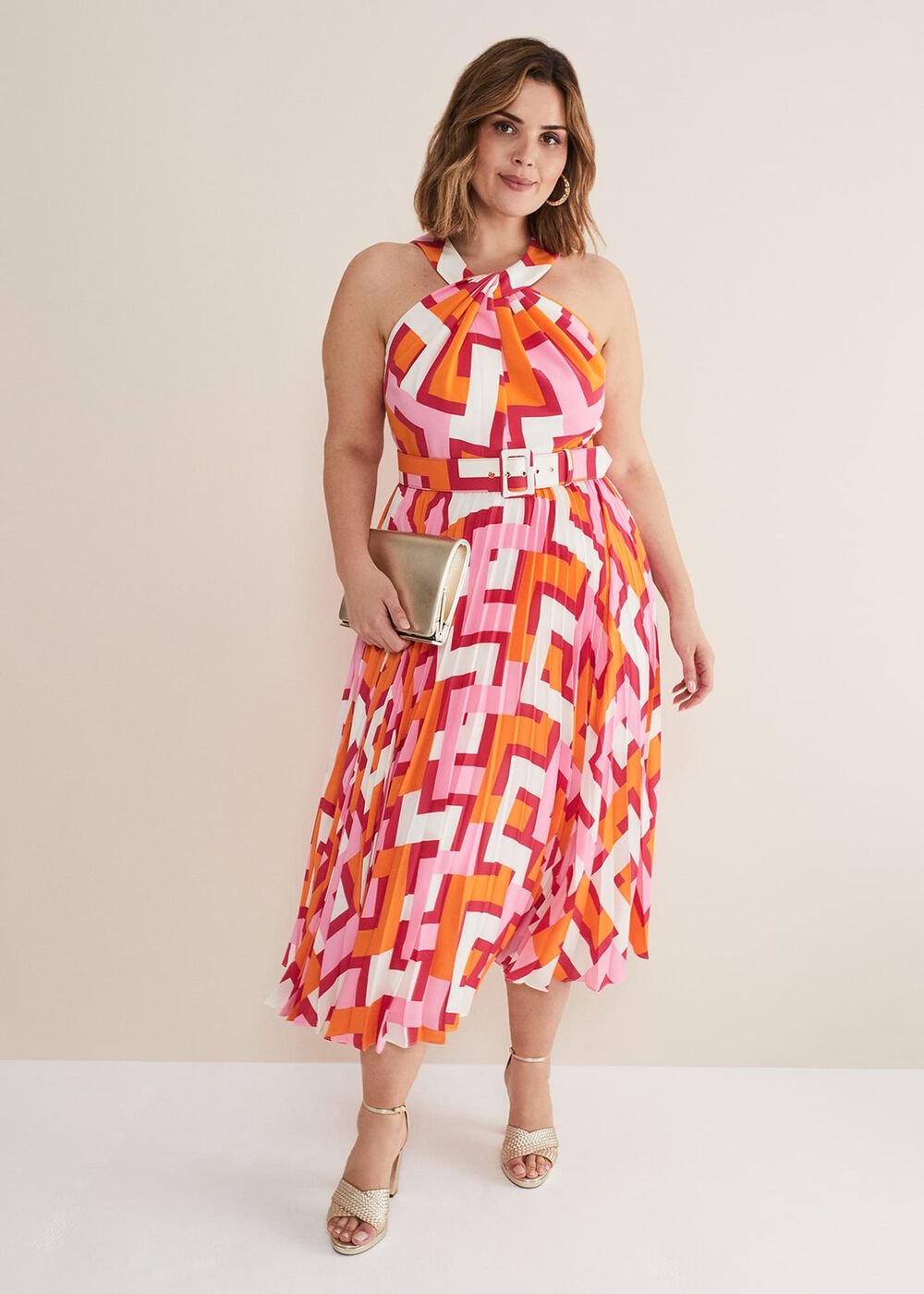 Yas Abstract Halterneck Midi Dress Pink/Orange